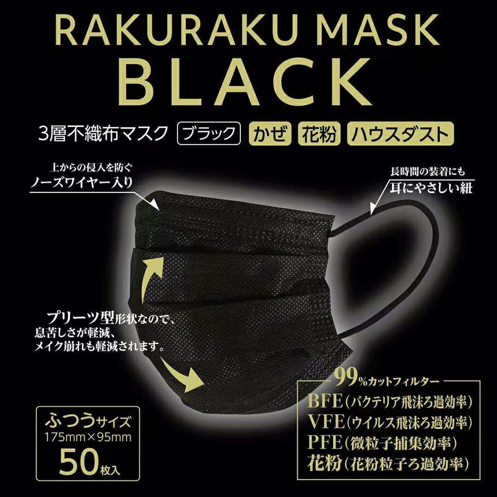 50枚×3箱（150枚）不織布マスク 黒 ブラック（ふつうサイズ） 使い捨て