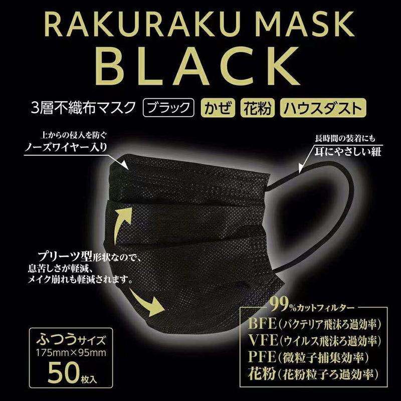 50枚×3箱（150枚）不織布マスク 黒 ブラック（ふつうサイズ） 使い捨て 花粉 かぜ ハウスダスト 仕事 ビジネス